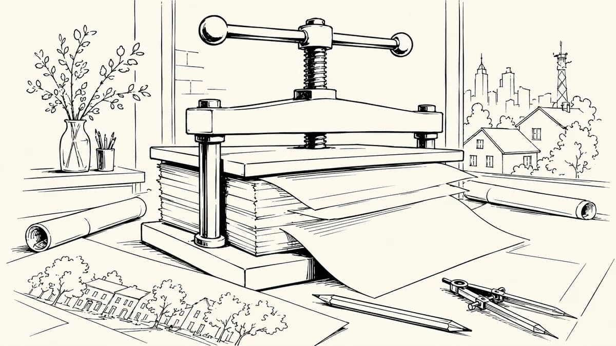 Ink illustration of a bookbinding press compressing architectural drawings, with loose plans spread across a studio table.