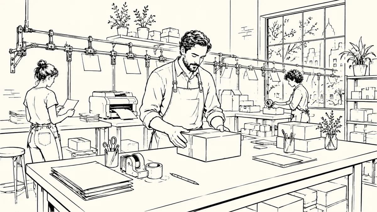 Ink illustration of a print studio owner checking a parcel as job cards connect the ordering, printing, and packing stations.