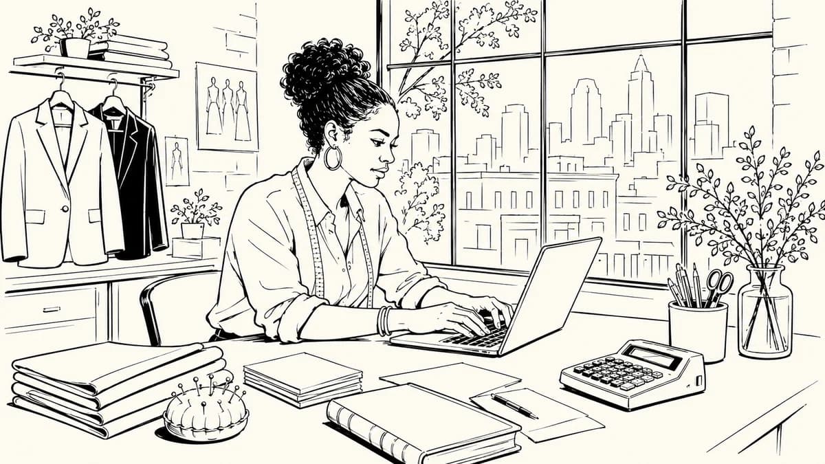 Ink illustration of a tailoring studio owner working at a laptop, with fabric, order papers, and Charlotte-inspired buildings outside.