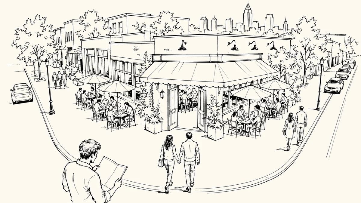 Ink illustration of diners approaching a corner restaurant, with sidewalk tables and a Charlotte-inspired skyline beyond.