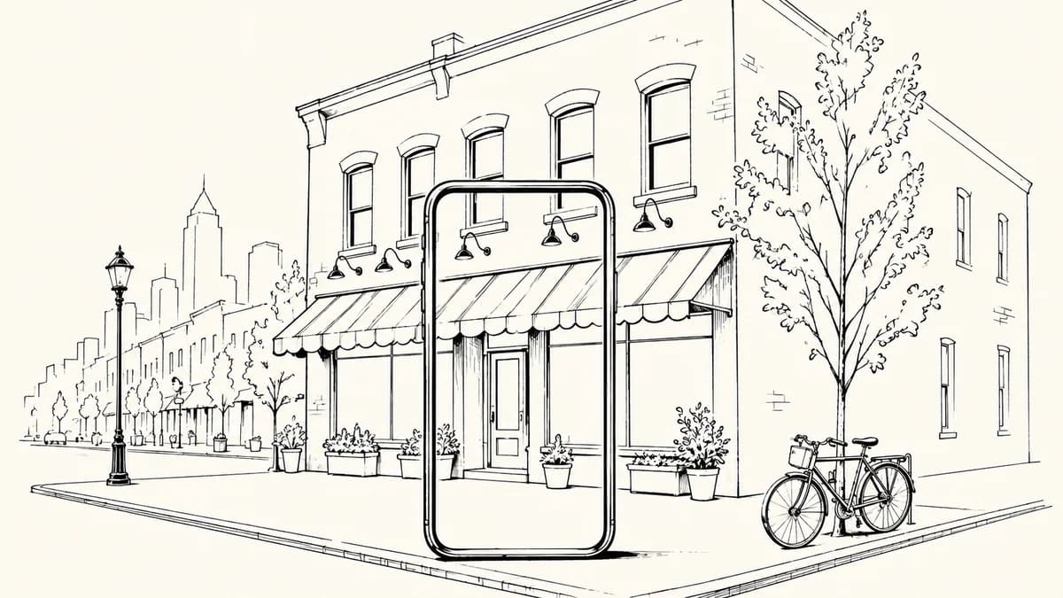 Ink illustration of a Charlotte-inspired brick storefront extending beyond a simple phone-shaped frame.