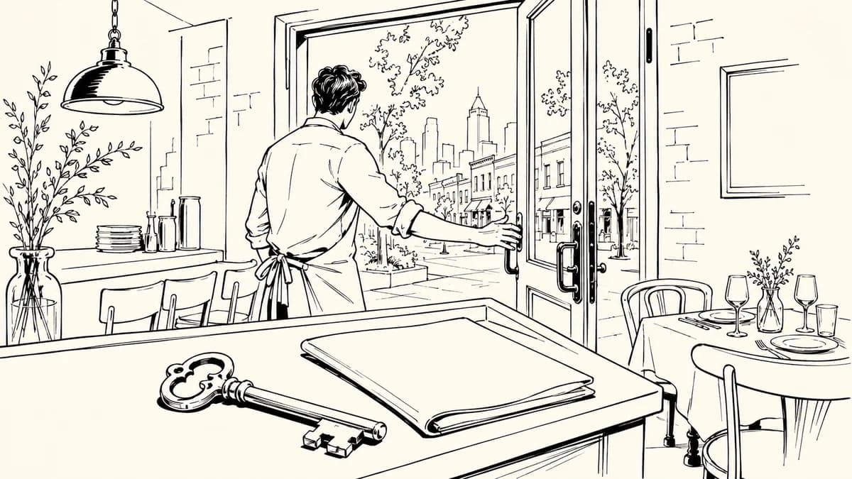 Ink illustration of a restaurant owner opening the door to a Charlotte-inspired street, with a key and contract on the host stand.